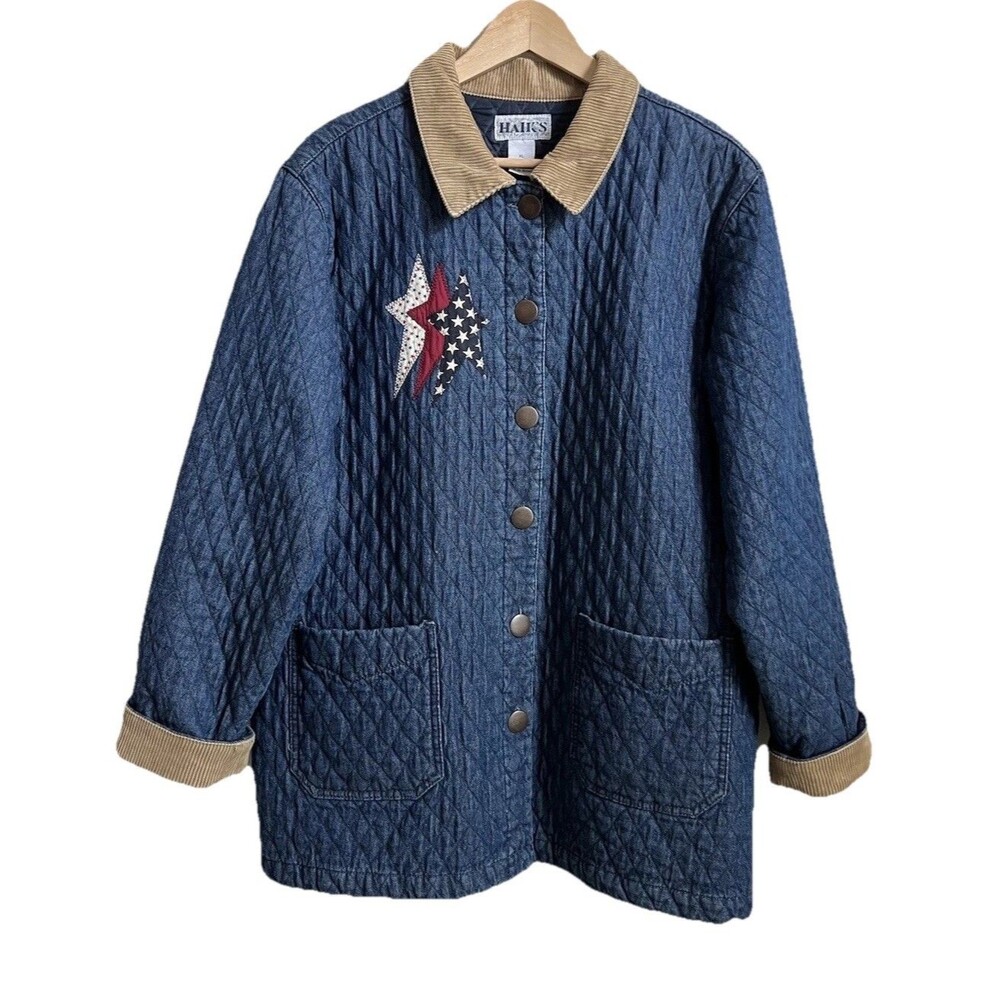 HAIK’S Quilted Denim Americana Jacket Flag Patch Corduroy Collar XL